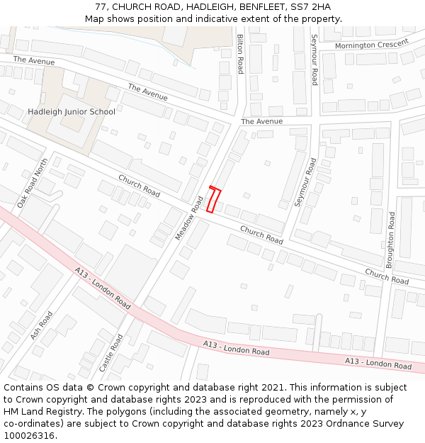 77, CHURCH ROAD, HADLEIGH, BENFLEET, SS7 2HA: Location map and indicative extent of plot