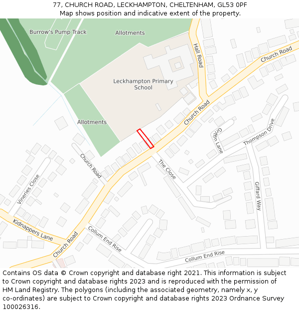 77, CHURCH ROAD, LECKHAMPTON, CHELTENHAM, GL53 0PF: Location map and indicative extent of plot