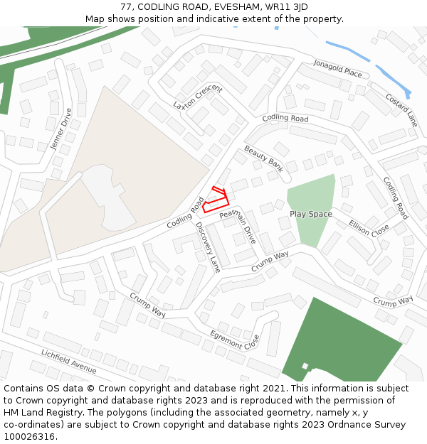 77, CODLING ROAD, EVESHAM, WR11 3JD: Location map and indicative extent of plot