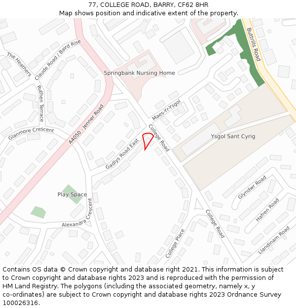 77, COLLEGE ROAD, BARRY, CF62 8HR: Location map and indicative extent of plot