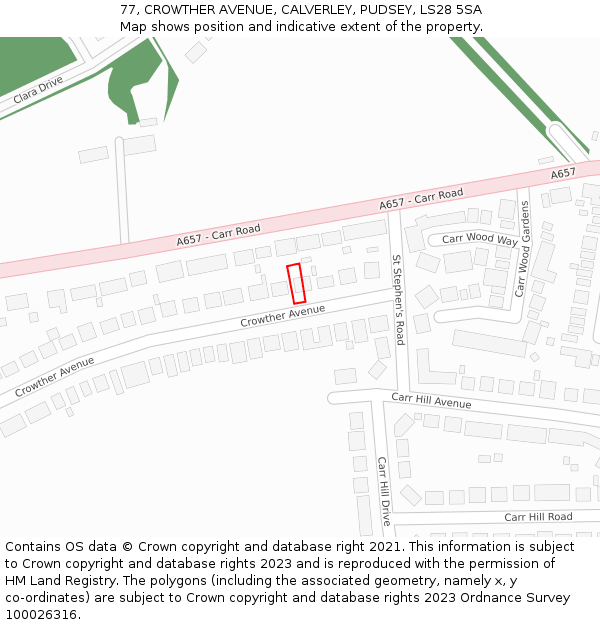 77, CROWTHER AVENUE, CALVERLEY, PUDSEY, LS28 5SA: Location map and indicative extent of plot