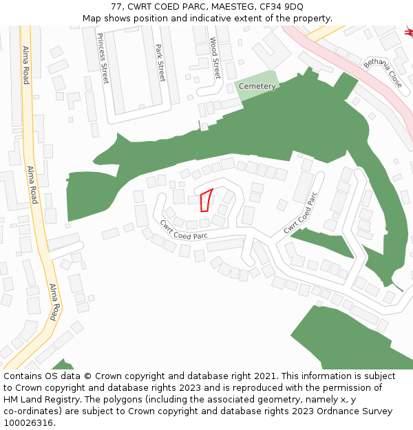 77, CWRT COED PARC, MAESTEG, CF34 9DQ: Location map and indicative extent of plot