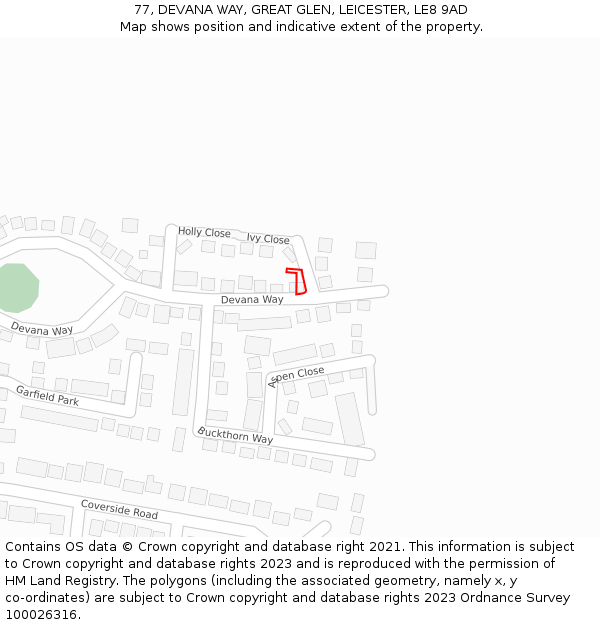 77, DEVANA WAY, GREAT GLEN, LEICESTER, LE8 9AD: Location map and indicative extent of plot