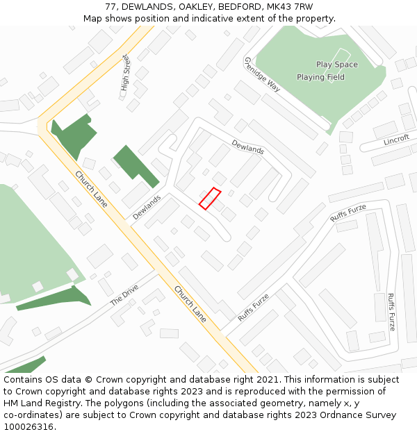 77, DEWLANDS, OAKLEY, BEDFORD, MK43 7RW: Location map and indicative extent of plot