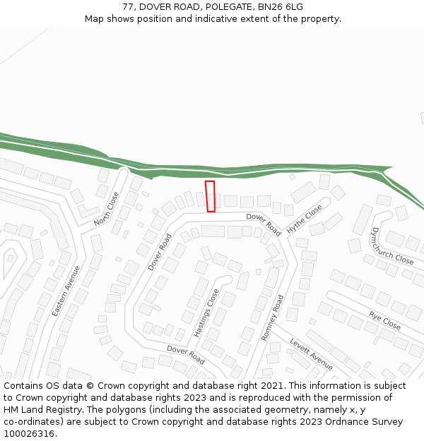 77, DOVER ROAD, POLEGATE, BN26 6LG: Location map and indicative extent of plot