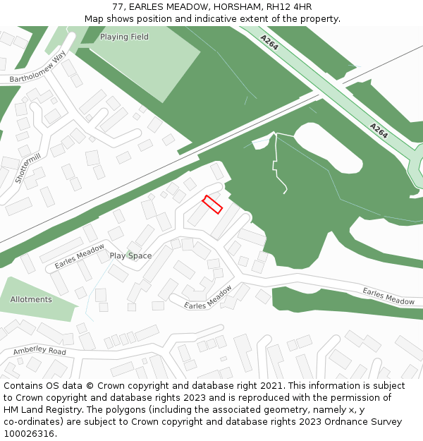 77, EARLES MEADOW, HORSHAM, RH12 4HR: Location map and indicative extent of plot