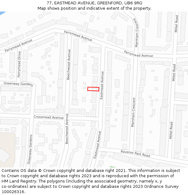 77, EASTMEAD AVENUE, GREENFORD, UB6 9RG: Location map and indicative extent of plot