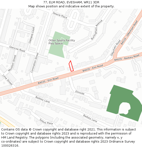 77, ELM ROAD, EVESHAM, WR11 3DR: Location map and indicative extent of plot