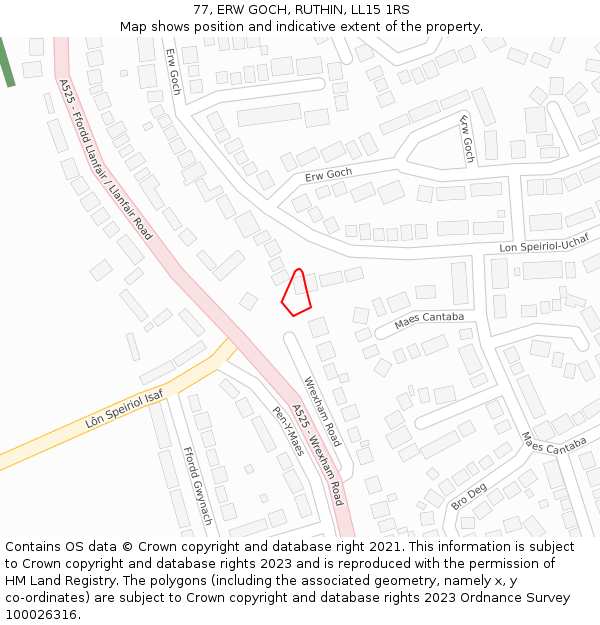 77, ERW GOCH, RUTHIN, LL15 1RS: Location map and indicative extent of plot