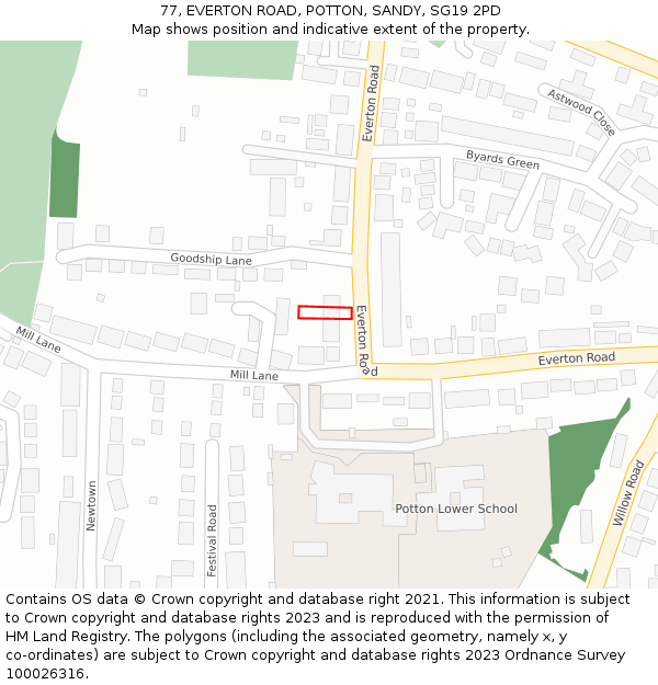 77, EVERTON ROAD, POTTON, SANDY, SG19 2PD: Location map and indicative extent of plot