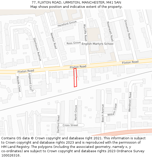 77, FLIXTON ROAD, URMSTON, MANCHESTER, M41 5AN: Location map and indicative extent of plot