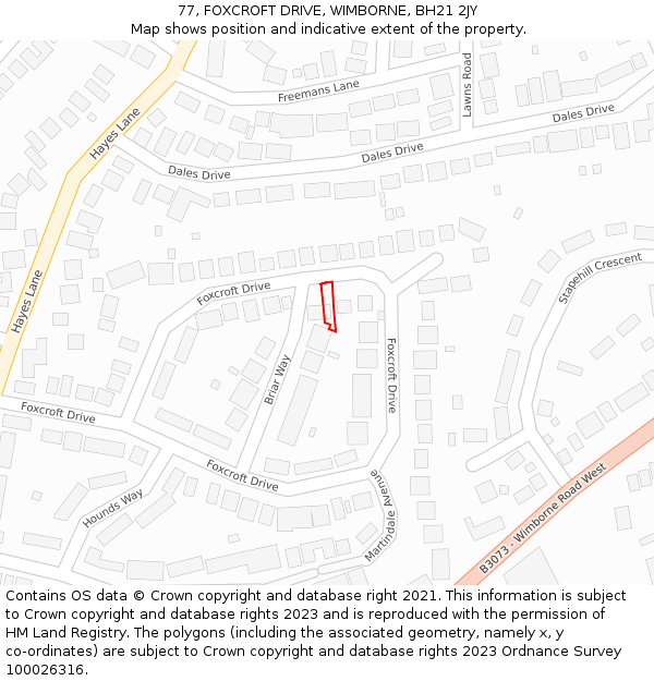 77, FOXCROFT DRIVE, WIMBORNE, BH21 2JY: Location map and indicative extent of plot
