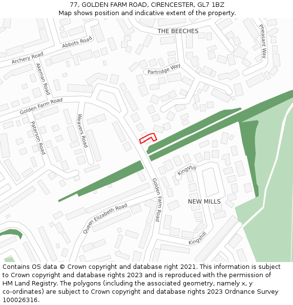 77, GOLDEN FARM ROAD, CIRENCESTER, GL7 1BZ: Location map and indicative extent of plot