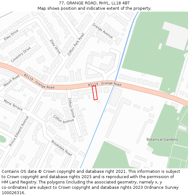 77, GRANGE ROAD, RHYL, LL18 4BT: Location map and indicative extent of plot