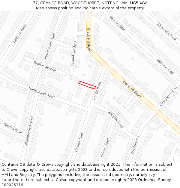 77, GRANGE ROAD, WOODTHORPE, NOTTINGHAM, NG5 4GA: Location map and indicative extent of plot