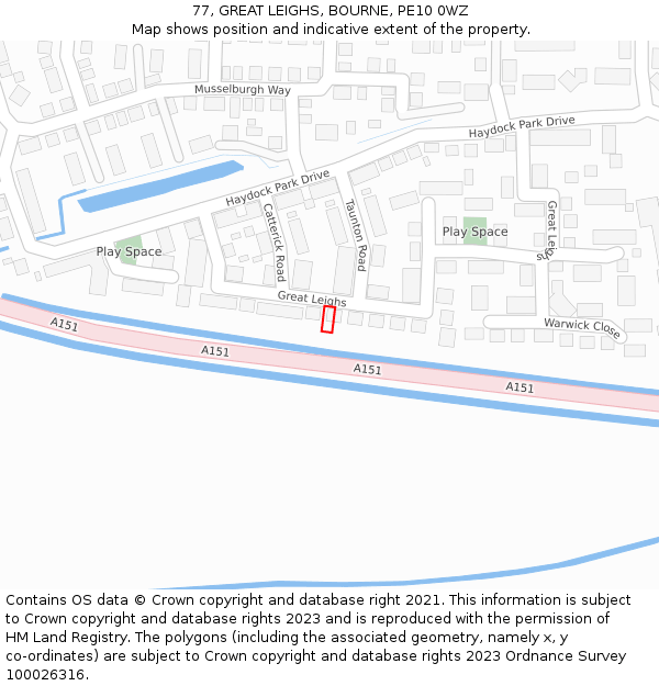 77, GREAT LEIGHS, BOURNE, PE10 0WZ: Location map and indicative extent of plot