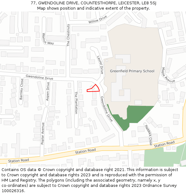77, GWENDOLINE DRIVE, COUNTESTHORPE, LEICESTER, LE8 5SJ: Location map and indicative extent of plot