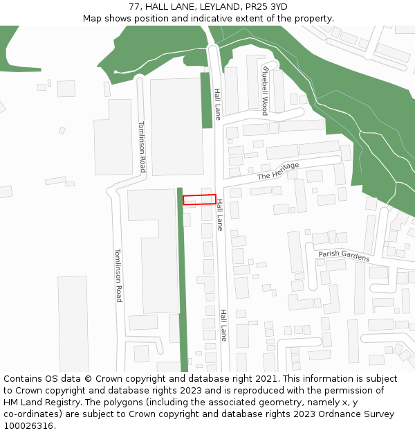 77, HALL LANE, LEYLAND, PR25 3YD: Location map and indicative extent of plot