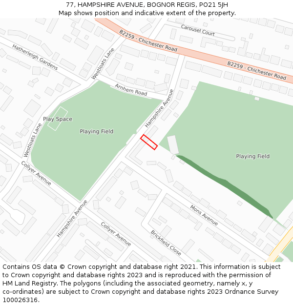 77, HAMPSHIRE AVENUE, BOGNOR REGIS, PO21 5JH: Location map and indicative extent of plot