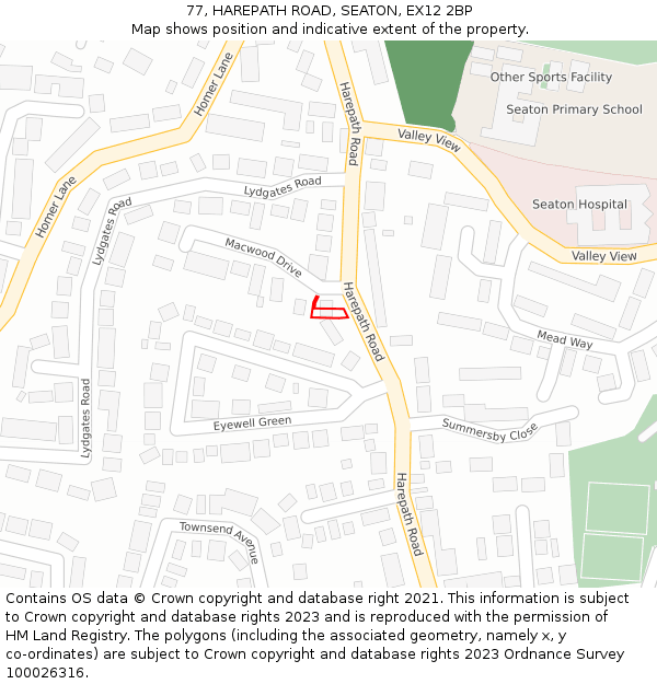 77, HAREPATH ROAD, SEATON, EX12 2BP: Location map and indicative extent of plot