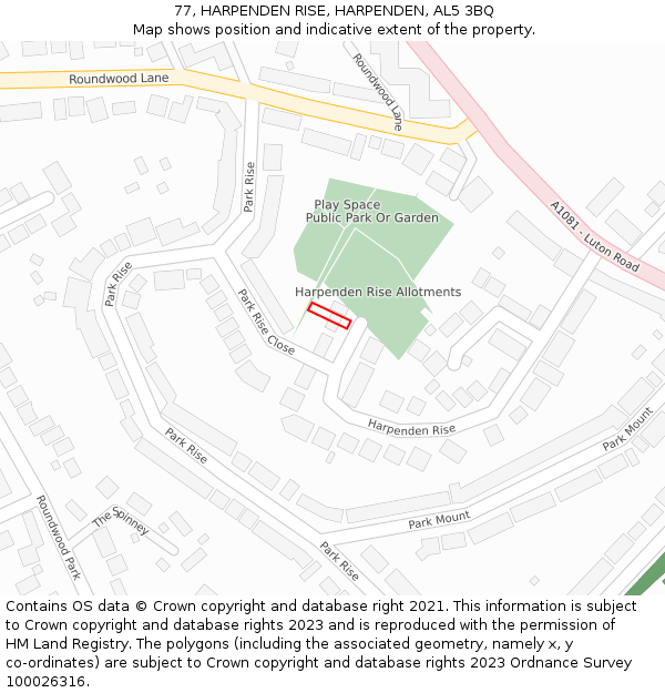 77, HARPENDEN RISE, HARPENDEN, AL5 3BQ: Location map and indicative extent of plot