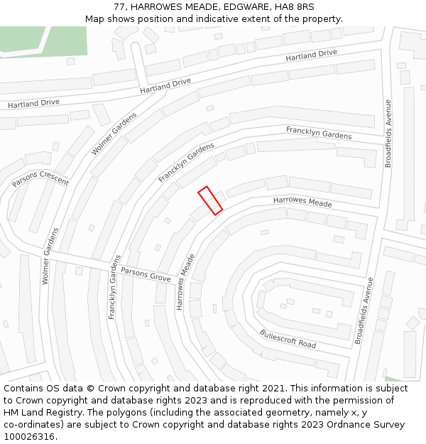 77, HARROWES MEADE, EDGWARE, HA8 8RS: Location map and indicative extent of plot