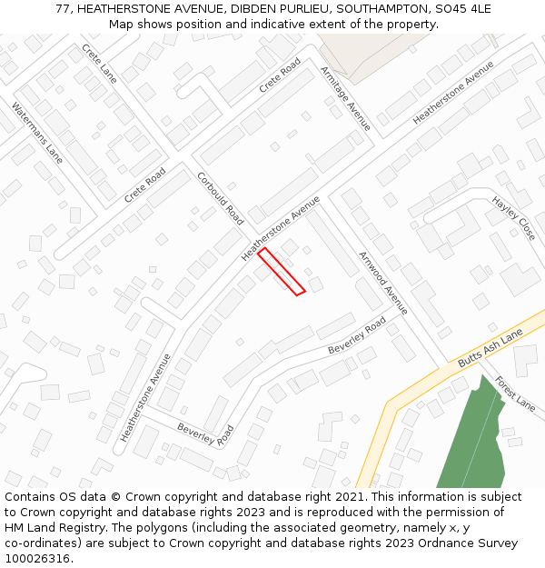 77, HEATHERSTONE AVENUE, DIBDEN PURLIEU, SOUTHAMPTON, SO45 4LE: Location map and indicative extent of plot