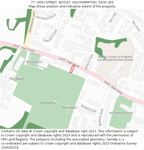 77, HIGH STREET, BOTLEY, SOUTHAMPTON, SO30 2ES: Location map and indicative extent of plot