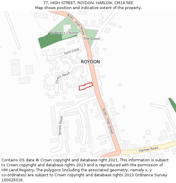 77, HIGH STREET, ROYDON, HARLOW, CM19 5EE: Location map and indicative extent of plot