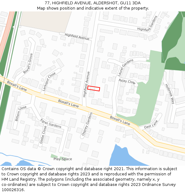 77, HIGHFIELD AVENUE, ALDERSHOT, GU11 3DA: Location map and indicative extent of plot