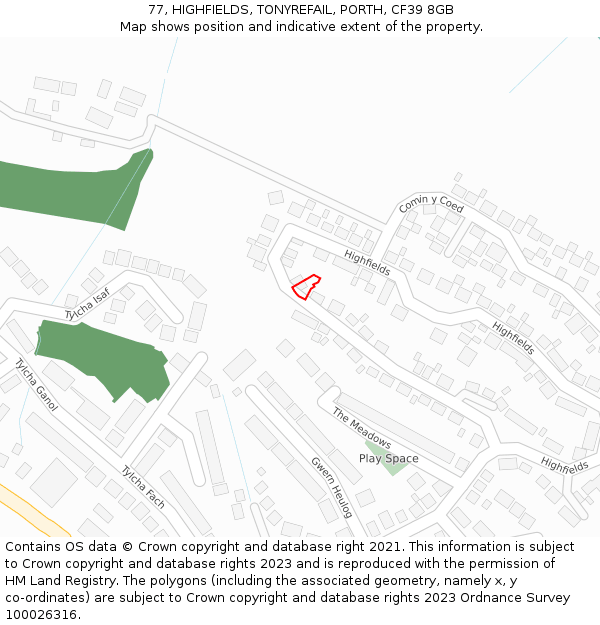 77, HIGHFIELDS, TONYREFAIL, PORTH, CF39 8GB: Location map and indicative extent of plot