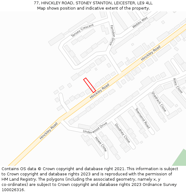 77, HINCKLEY ROAD, STONEY STANTON, LEICESTER, LE9 4LL: Location map and indicative extent of plot