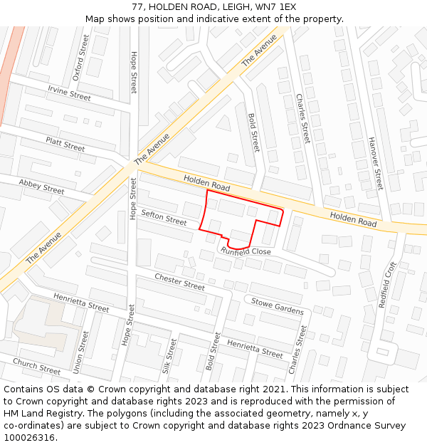 77, HOLDEN ROAD, LEIGH, WN7 1EX: Location map and indicative extent of plot