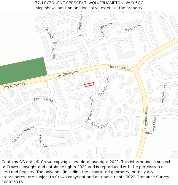 77, LEYBOURNE CRESCENT, WOLVERHAMPTON, WV9 5QG: Location map and indicative extent of plot