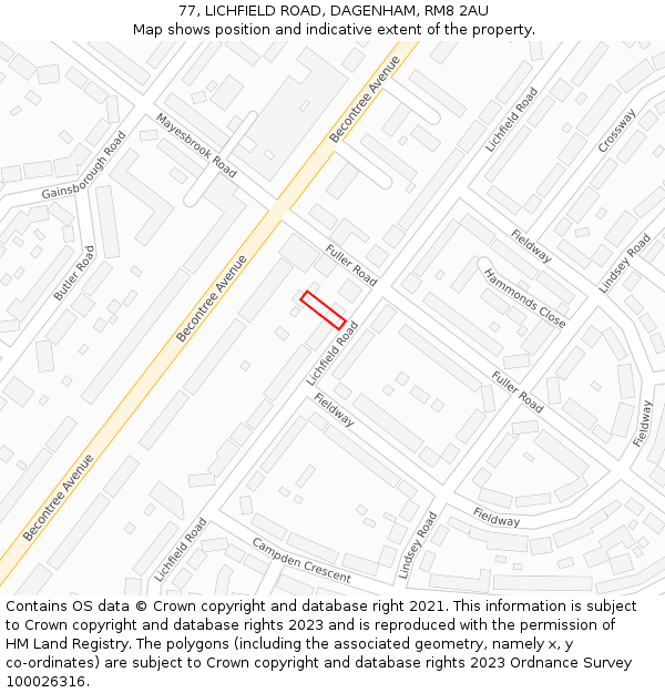 77, LICHFIELD ROAD, DAGENHAM, RM8 2AU: Location map and indicative extent of plot