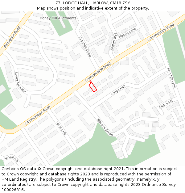 77, LODGE HALL, HARLOW, CM18 7SY: Location map and indicative extent of plot