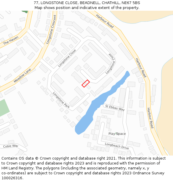 77, LONGSTONE CLOSE, BEADNELL, CHATHILL, NE67 5BS: Location map and indicative extent of plot