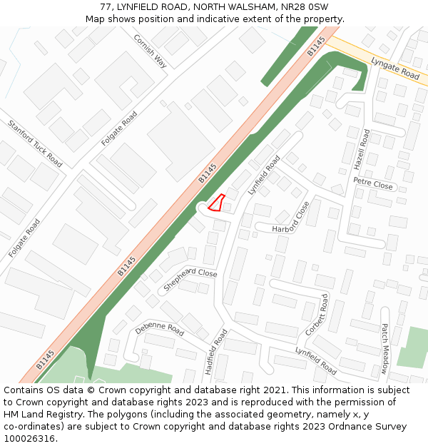 77, LYNFIELD ROAD, NORTH WALSHAM, NR28 0SW: Location map and indicative extent of plot