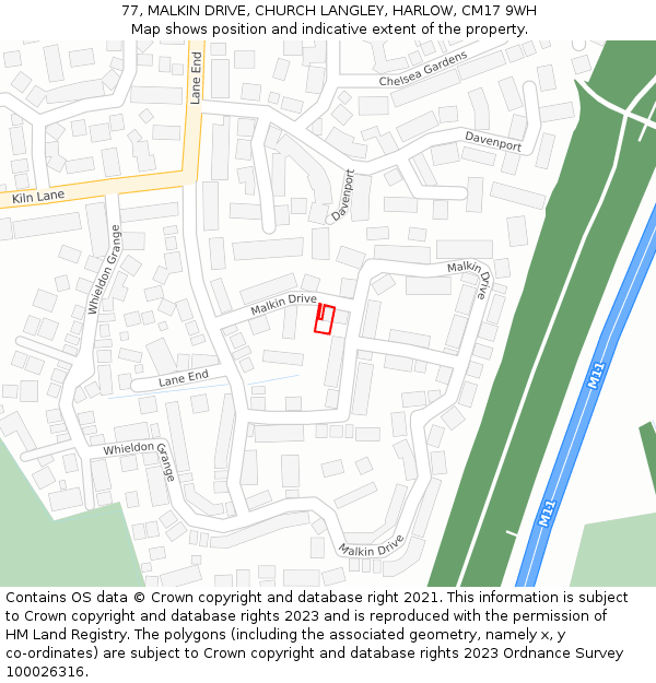 77, MALKIN DRIVE, CHURCH LANGLEY, HARLOW, CM17 9WH: Location map and indicative extent of plot