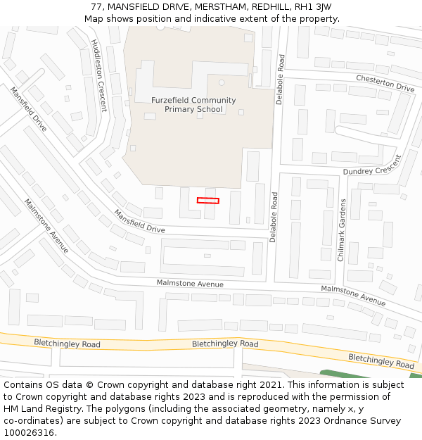 77, MANSFIELD DRIVE, MERSTHAM, REDHILL, RH1 3JW: Location map and indicative extent of plot