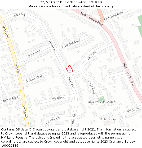 77, MEAD END, BIGGLESWADE, SG18 8JP: Location map and indicative extent of plot