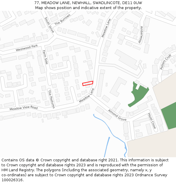 77, MEADOW LANE, NEWHALL, SWADLINCOTE, DE11 0UW: Location map and indicative extent of plot