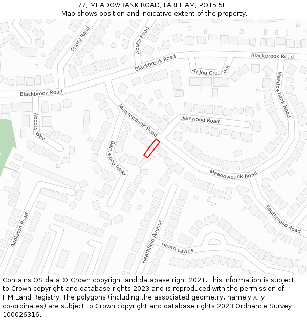 77, MEADOWBANK ROAD, FAREHAM, PO15 5LE: Location map and indicative extent of plot