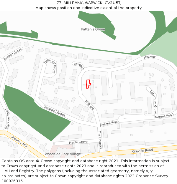 77, MILLBANK, WARWICK, CV34 5TJ: Location map and indicative extent of plot