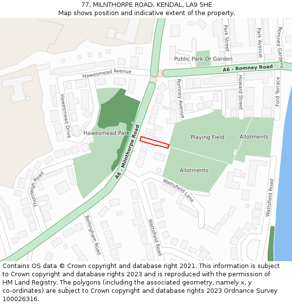 77, MILNTHORPE ROAD, KENDAL, LA9 5HE: Location map and indicative extent of plot