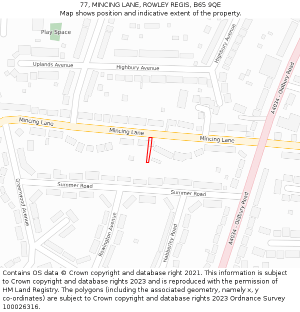 77, MINCING LANE, ROWLEY REGIS, B65 9QE: Location map and indicative extent of plot