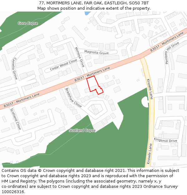 77, MORTIMERS LANE, FAIR OAK, EASTLEIGH, SO50 7BT: Location map and indicative extent of plot