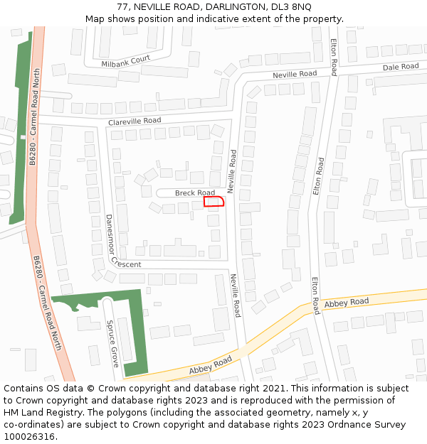 77, NEVILLE ROAD, DARLINGTON, DL3 8NQ: Location map and indicative extent of plot