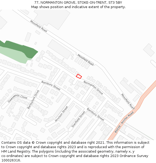 77, NORMANTON GROVE, STOKE-ON-TRENT, ST3 5BY: Location map and indicative extent of plot