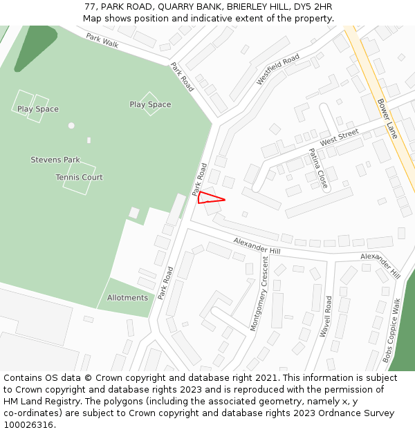 77, PARK ROAD, QUARRY BANK, BRIERLEY HILL, DY5 2HR: Location map and indicative extent of plot